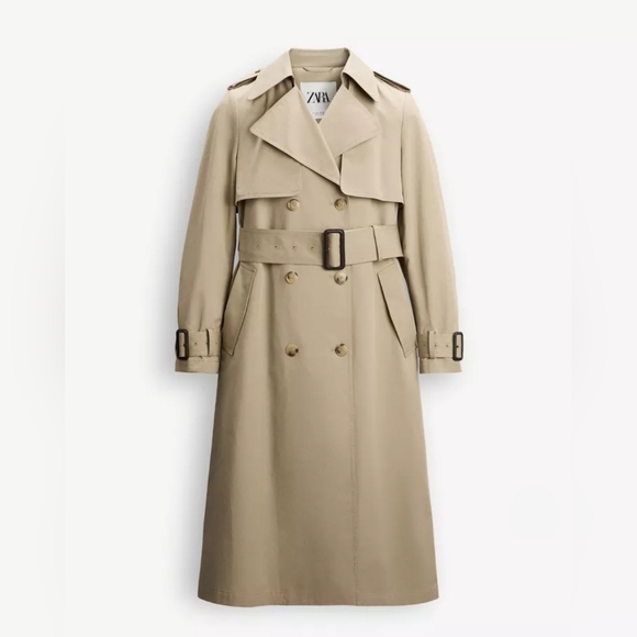 ZARA | Tan & brown double button down size small Nwt classic trench coat jacket - Picture 1 of 5